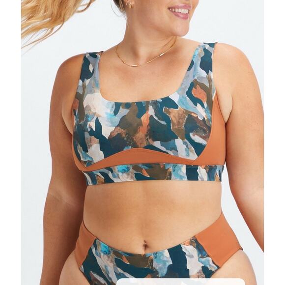 Fabletics Scoop Back Swim Bra & Bottoms Camo Paintbrush Teal Burnt Orange Sz XXL - Picture 9 of 11